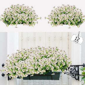 Artificial Flowers Plants for Outdoors, 12 Bundles No Fade Faux Silk Flower for Spring,Summer Season Decoration, UV Resistant for Pot, Porch, Window Box, Garden, Farmhouse Decor (White)