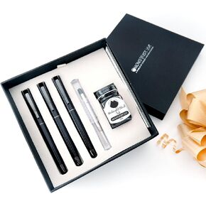 مجموعة Monteverde USA Impressa 3+2 قطعة (Fountain ، Rollerball ، Ball Pen) | أسود/روزجولد | Omniflex Nib | صندوق هدايا فاخر كبير مع حبر مجاني وإعادة ملء