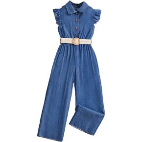 Girls' Casual Denim Overall Jumpsuits Sleeveless Collared Neck Wide Leg Pants Jumpers with Belt 7-13 Years