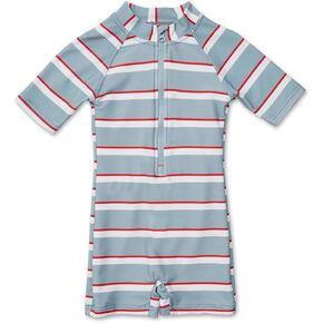 Toddler Boys & Girls One Piece Swimsuit Zipper Rash Guard Short Sleeve Bathing Suit Blue Striped Swimwear 3-4T UPF50+