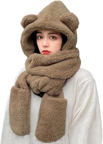 Women Cute Bear Hooded Hat Scarf Gloves Set 3-in-1 Earflap Animal Hat Plush Warm Hooded Scarf with Mittens in Saudi Arabia