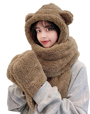 Women Cute Bear Hooded Hat Scarf Gloves Set 3-in-1 Earflap Animal Hat Plush Warm Hooded Scarf with Mittens in Saudi Arabia
