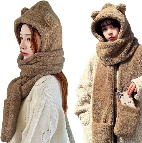 Women Cute Bear Hooded Hat Scarf Gloves Set 3-in-1 Earflap Animal Hat Plush Warm Hooded Scarf with Mittens in Saudi Arabia