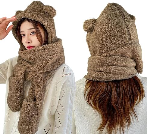 Women Cute Bear Hooded Hat Scarf Gloves Set 3-in-1 Earflap Animal Hat Plush Warm Hooded Scarf with Mittens in Saudi Arabia