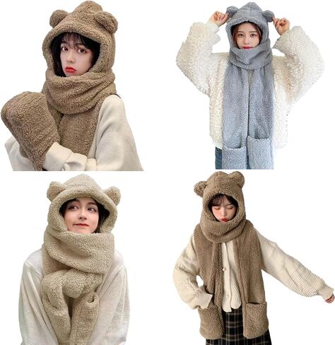 Women Cute Bear Hooded Hat Scarf Gloves Set 3-in-1 Earflap Animal Hat Plush Warm Hooded Scarf with Mittens in Saudi Arabia
