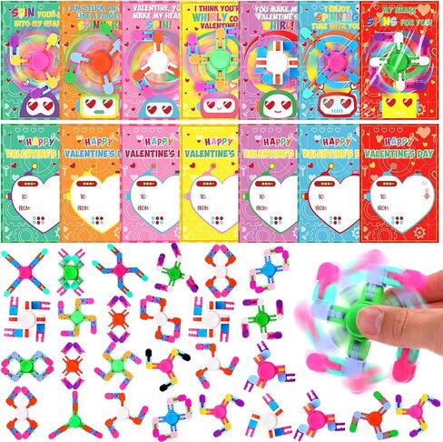 28 Packs Valentine's Day Gifts for Kids, Fidget Spinners with Valentine Cards for Classroom Prize Exchange, Deformable Sensory Toys for Boy Girl Party Favor(Glow) in Kuwait