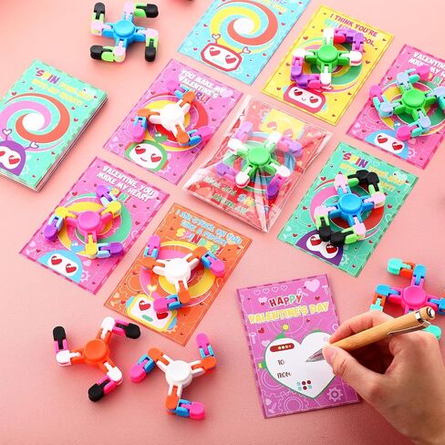 28 Packs Valentine's Day Gifts for Kids, Fidget Spinners with Valentine Cards for Classroom Prize Exchange, Deformable Sensory Toys for Boy Girl Party Favor(Glow) in Kuwait