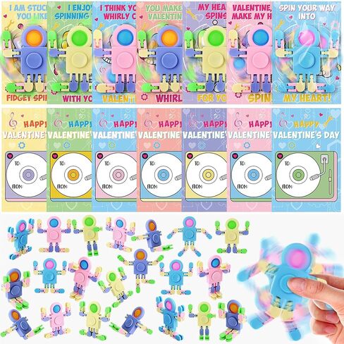 28 Packs Valentine's Day Gifts for Kids, Fidget Spinners with Valentine Cards for Classroom Prize Exchange, Deformable Sensory Toys for Boy Girl Party Favor(Glow) in Kuwait