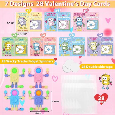 28 Packs Valentine's Day Gifts for Kids, Fidget Spinners with Valentine Cards for Classroom Prize Exchange, Deformable Sensory Toys for Boy Girl Party Favor(Glow) in Kuwait