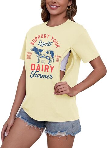Comfort Breastfeeding Shirts for Women Zip Nursing Tops Causal Distressed Acid Washed Maternity Tees in Kuwait