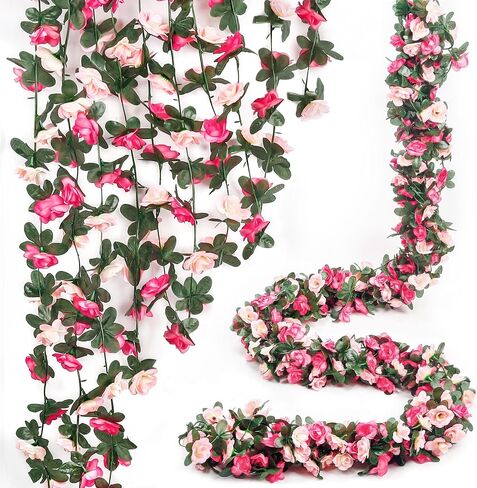 Miracliy 5Pcs 41FT Pink Flower Garland Artificial Rose Arch Vines Fake Spring Floral Garland for Flower Wall Backdrop Wedding Mothers Day Garden Tea Party Decoration in Kuwait