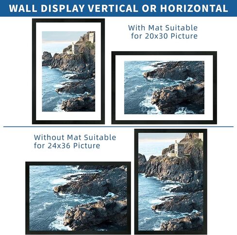 24x36 Poster Frame Set of 2, Rustic Black Wood Style - Display 24 x 36 Poster without Mat or 20x30 Picture with Mat, Wall Mounting Horizontal and Vertical in Kuwait