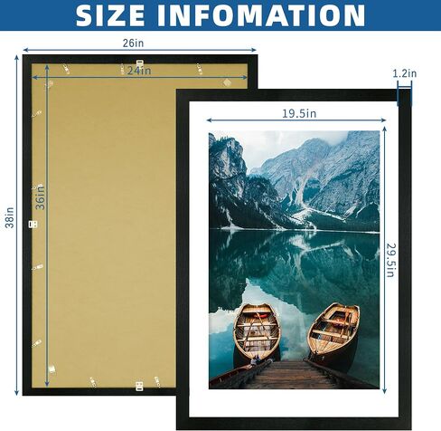 24x36 Poster Frame Set of 2, Rustic Black Wood Style - Display 24 x 36 Poster without Mat or 20x30 Picture with Mat, Wall Mounting Horizontal and Vertical in Kuwait