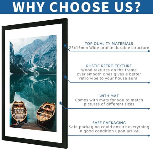 24x36 Poster Frame Set of 2, Rustic Black Wood Style - Display 24 x 36 Poster without Mat or 20x30 Picture with Mat, Wall Mounting Horizontal and Vertical in Kuwait