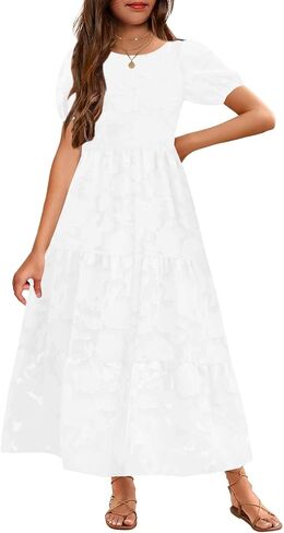 MITILLY Summer Flower Girl Dress Elegant Short Sleeve Crew Neck A-Line Flowy Maxi Dress for Kids with Pockets 6-12 Years in Saudi Arabia