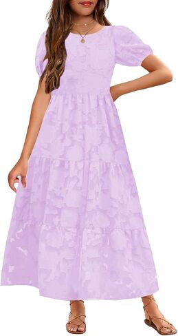 MITILLY Summer Flower Girl Dress Elegant Short Sleeve Crew Neck A-Line Flowy Maxi Dress for Kids with Pockets 6-12 Years in Saudi Arabia
