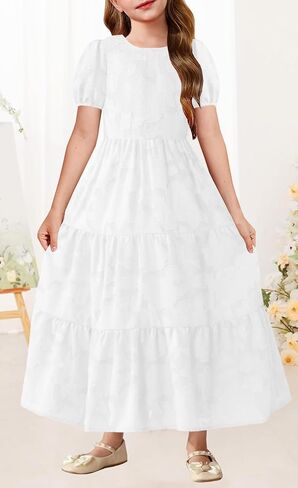 MITILLY Summer Flower Girl Dress Elegant Short Sleeve Crew Neck A-Line Flowy Maxi Dress for Kids with Pockets 6-12 Years in Saudi Arabia