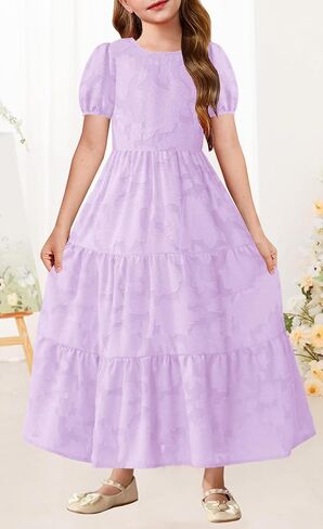 MITILLY Summer Flower Girl Dress Elegant Short Sleeve Crew Neck A-Line Flowy Maxi Dress for Kids with Pockets 6-12 Years in Saudi Arabia