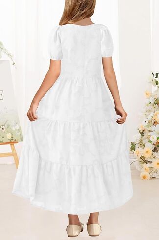 MITILLY Summer Flower Girl Dress Elegant Short Sleeve Crew Neck A-Line Flowy Maxi Dress for Kids with Pockets 6-12 Years in Saudi Arabia