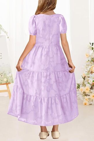 MITILLY Summer Flower Girl Dress Elegant Short Sleeve Crew Neck A-Line Flowy Maxi Dress for Kids with Pockets 6-12 Years in Saudi Arabia