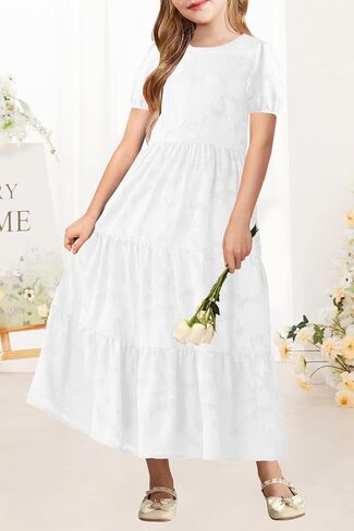 MITILLY Summer Flower Girl Dress Elegant Short Sleeve Crew Neck A-Line Flowy Maxi Dress for Kids with Pockets 6-12 Years in Saudi Arabia
