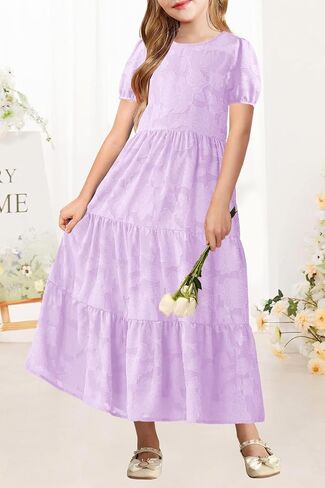 MITILLY Summer Flower Girl Dress Elegant Short Sleeve Crew Neck A-Line Flowy Maxi Dress for Kids with Pockets 6-12 Years in Saudi Arabia