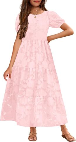 MITILLY Summer Flower Girl Dress Elegant Short Sleeve Crew Neck A-Line Flowy Maxi Dress for Kids with Pockets 6-12 Years in Saudi Arabia
