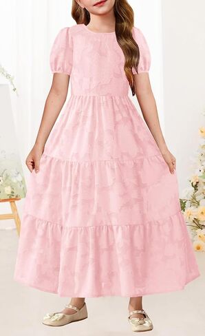 MITILLY Summer Flower Girl Dress Elegant Short Sleeve Crew Neck A-Line Flowy Maxi Dress for Kids with Pockets 6-12 Years in Saudi Arabia