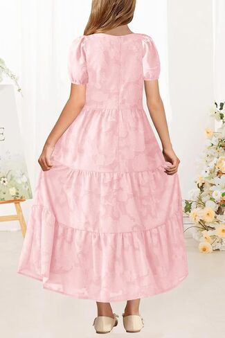 MITILLY Summer Flower Girl Dress Elegant Short Sleeve Crew Neck A-Line Flowy Maxi Dress for Kids with Pockets 6-12 Years in Saudi Arabia