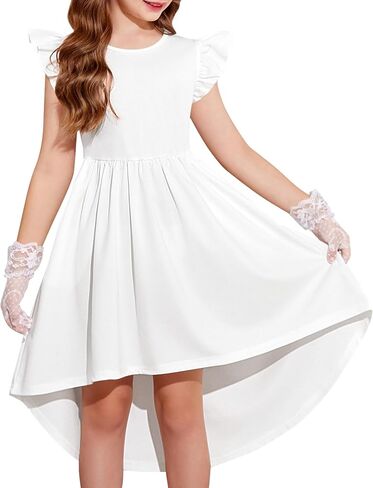 Arshiner Girls Summer Dress Tween Flutter Sleeve High Low Formal Dresses for Wedding Party with Pocket in Kuwait