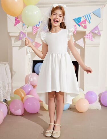 Arshiner Girls Summer Dress Tween Flutter Sleeve High Low Formal Dresses for Wedding Party with Pocket in Kuwait