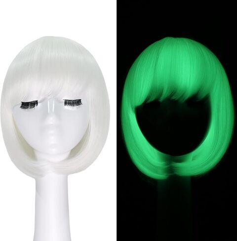 White Bob Wig with Bangs 10inch Short Glow in the Dark Wig Synthetic Straight Glueless Wigs for Cosplay Party Carnival in Saudi Arabia