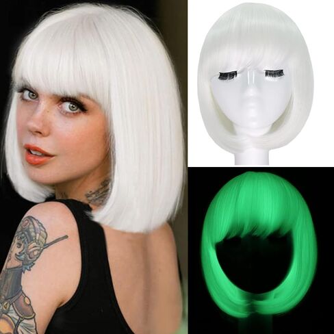 White Bob Wig with Bangs 10inch Short Glow in the Dark Wig Synthetic Straight Glueless Wigs for Cosplay Party Carnival in Saudi Arabia