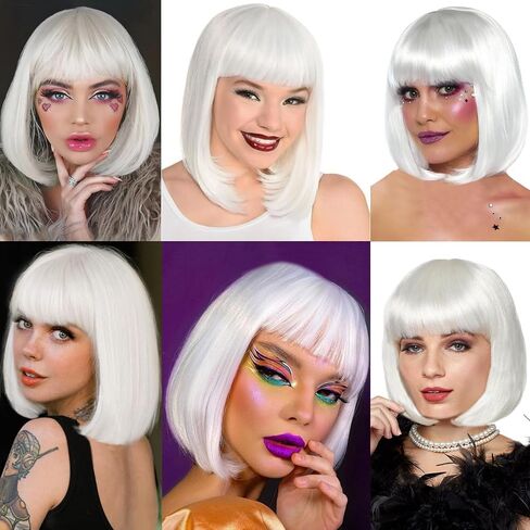 White Bob Wig with Bangs 10inch Short Glow in the Dark Wig Synthetic Straight Glueless Wigs for Cosplay Party Carnival in Saudi Arabia