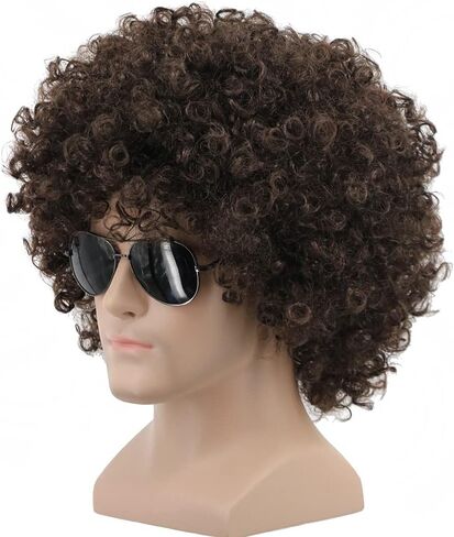 Yuehong Short Fluffy Disco Afro الباروكات الاصطناعية Cosplay cosplay خيالية مضحكة للجنسين للنساء الرجال (البني الداكن) in Kuwait