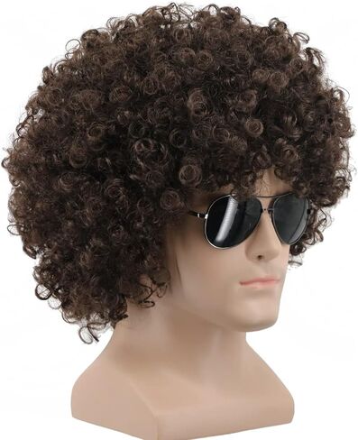 Yuehong Short Fluffy Disco Afro الباروكات الاصطناعية Cosplay cosplay خيالية مضحكة للجنسين للنساء الرجال (البني الداكن) in Kuwait
