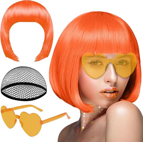 Plulon Orange Short Bob Wig and Sunglass Set ، Neon Short Bob Wig Sunglass Pack Case Cosplay Cosplay Cosplay Hairpieces for Bachelorette Neon Party Favors ، Halloween Decorations in Kuwait