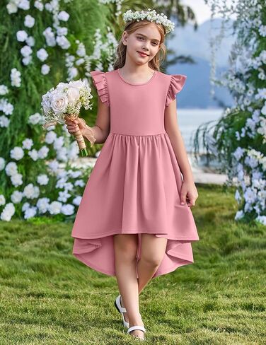 Arshiner Girls Summer Dress Tween Flutter Sleeve High Low Formal Dresses for Wedding Party with Pocket in Kuwait