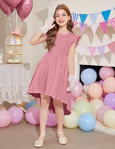 Arshiner Girls Summer Dress Tween Flutter Sleeve High Low Formal Dresses for Wedding Party with Pocket in Kuwait