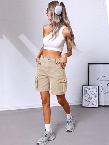 شورتات البضائع في Elleven Bermuda ، مرنة عالية الخصر 6 جيوب شورتات 7 بوصة inseam الصيف jorts للنساء عارضة in Kuwait