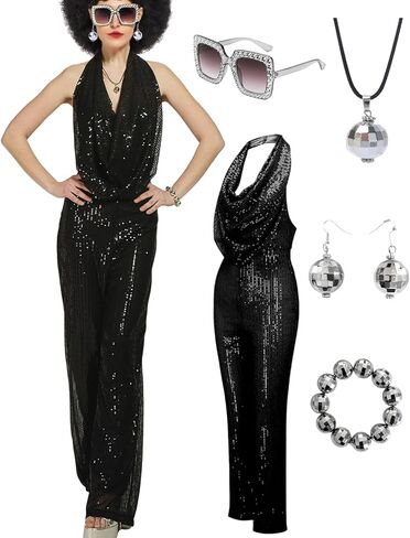 70s Disco Outfit Woman Sequin Backless Disco Jumpsuit Costume Outfits for Women with Disco Ball Accessories in Kuwait