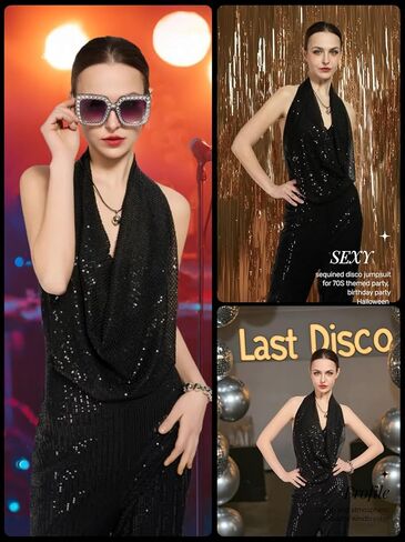 70s Disco Outfit Woman Sequin Backless Disco Jumpsuit Costume Outfits for Women with Disco Ball Accessories in Kuwait