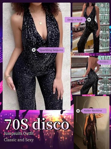70s Disco Outfit Woman Sequin Backless Disco Jumpsuit Costume Outfits for Women with Disco Ball Accessories in Kuwait