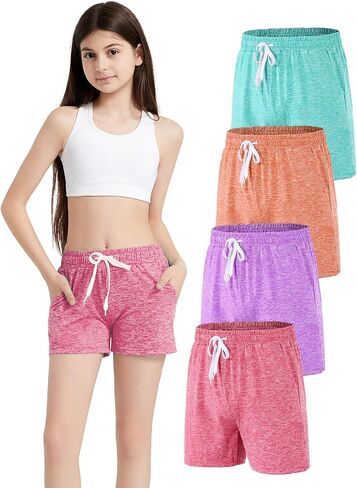 4 Pack Girls Athletic Shorts Dry-Fit Basketball Shorts with Pockets,Girls Running Shorts for Kids Gym Soccer in Kuwait