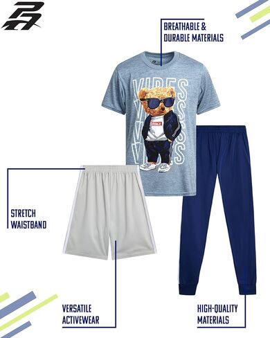 طقم سراويل رياضية للأولاد - شورت تي شيرت عالي الأداء مكون من 3 قطع وبنطلون رياضي - ملابس رياضية للأولاد (8-16) in Kuwait