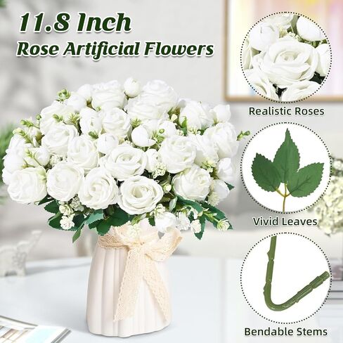 Fake Roses Artificial Flowers, 2 Pack Rose Fake Flowers for Decoration, Real Touch White Roses Bouquets Silk Flowers for Vase Centerpiece Table Wedding Party Bridal DIY Decor in Kuwait