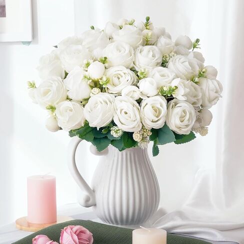 Fake Roses Artificial Flowers, 2 Pack Rose Fake Flowers for Decoration, Real Touch White Roses Bouquets Silk Flowers for Vase Centerpiece Table Wedding Party Bridal DIY Decor in Kuwait