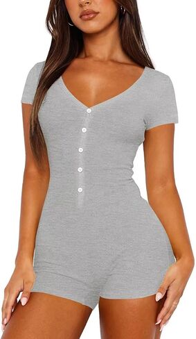 LEEDYA Women's Short Sleeve Rompers Summer V Neck Casual One Piece Shorts Jumpsuit Bodycon Pajama Set Onesie Sleepwear in Kuwait