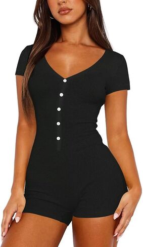 LEEDYA Women's Short Sleeve Rompers Summer V Neck Casual One Piece Shorts Jumpsuit Bodycon Pajama Set Onesie Sleepwear in Kuwait