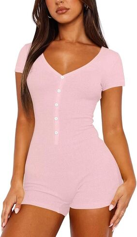LEEDYA Women's Short Sleeve Rompers Summer V Neck Casual One Piece Shorts Jumpsuit Bodycon Pajama Set Onesie Sleepwear in Kuwait